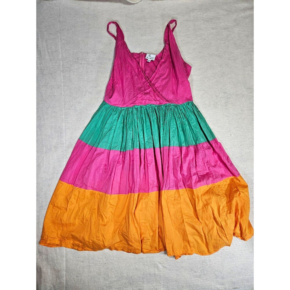 Mira Colorblock Sundress Size XL Pink Green Orange V-Neck Strappy Zip Cotton